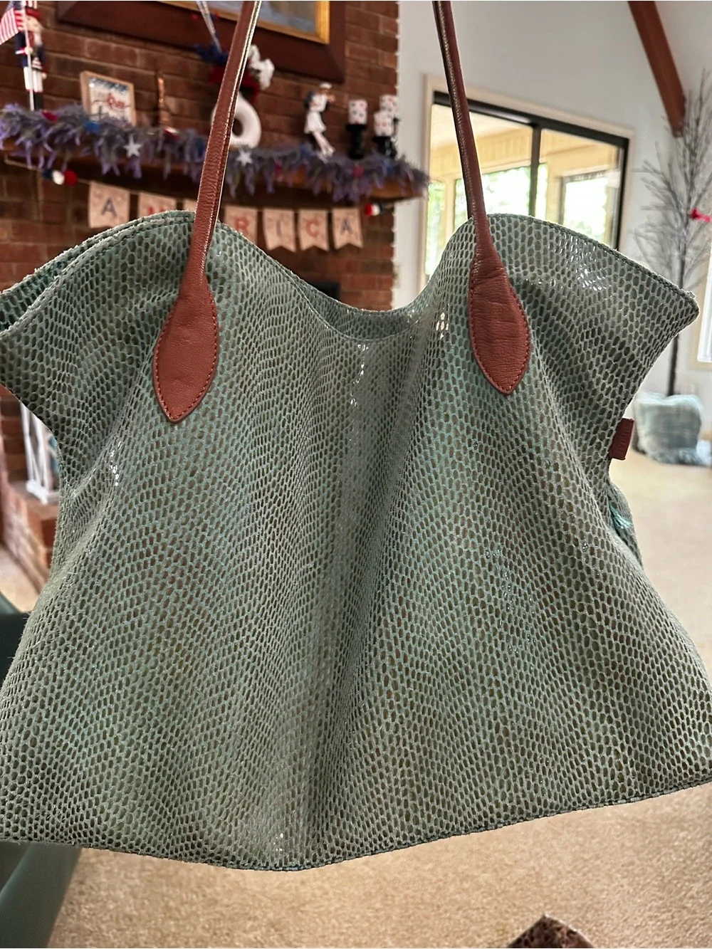 Sorial Tote Bag with Brown Leather Handles Sorial Seafoam Green Bag